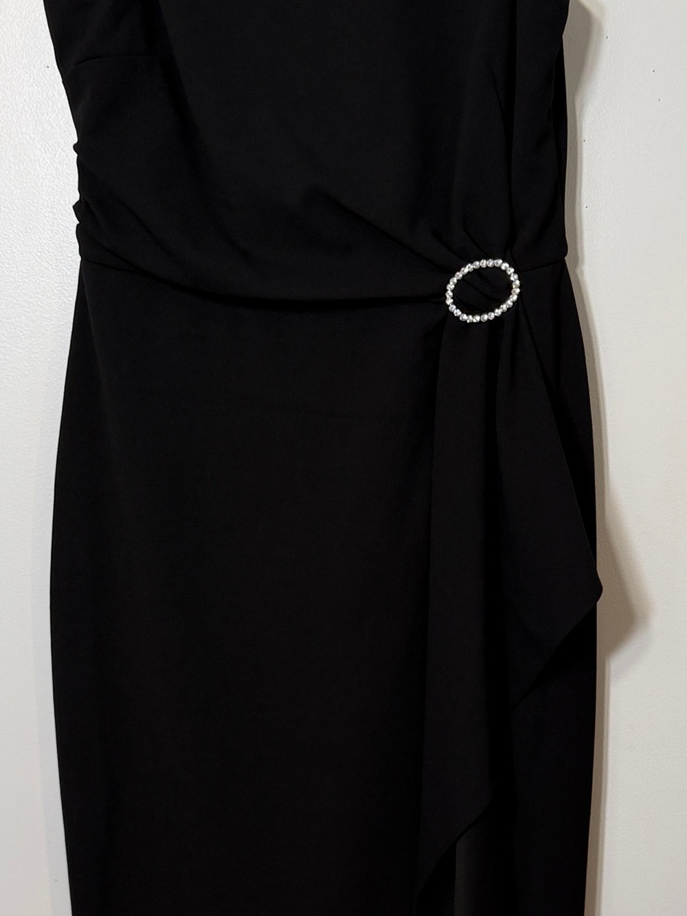 Betsy & Adam Black Sheath cocktail dress 14 rhinestone accent asymmetrical EUC